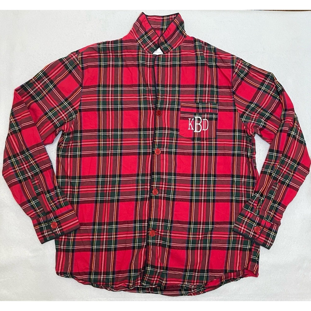 Petite Plume Men's L Red Tartan Plaid 100% Cotton Pajama Shirt Monogram